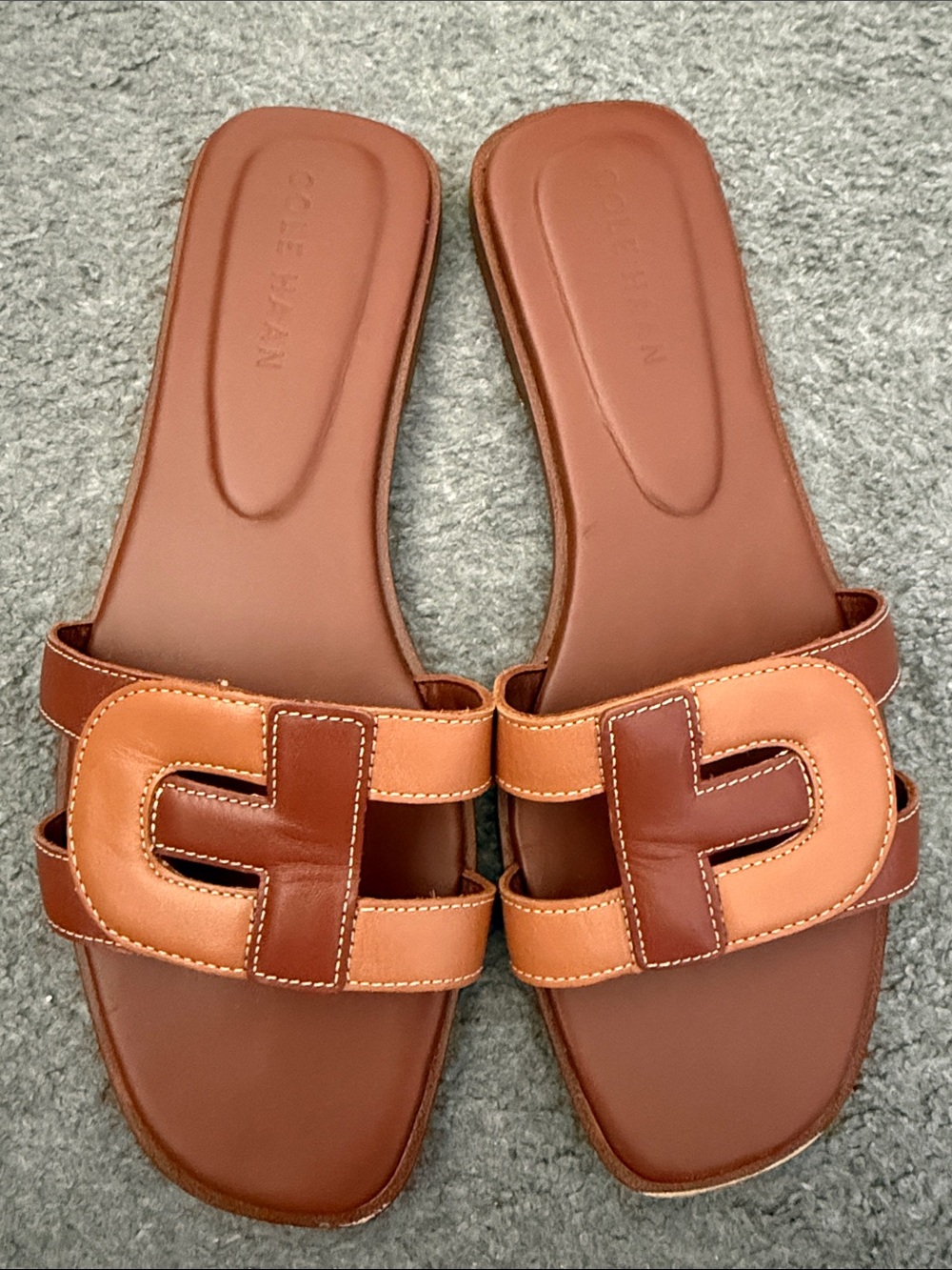 Cole Haan Two-Tone Tan and Brown Leather Slide Sandals